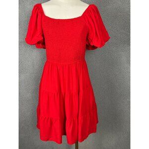 Zesica Women's Red Puff Sleeve Smocked Tiered Mini Dress Medium New With Tag's